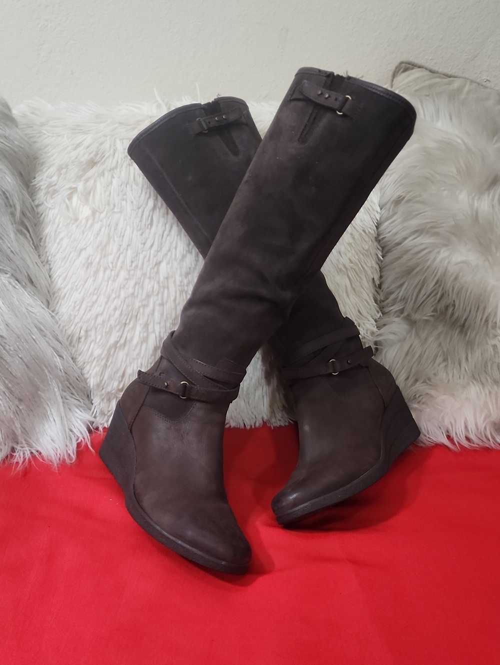 UGG Australia Lesley Brown Waterproof Suede Wedge Knee High Boots